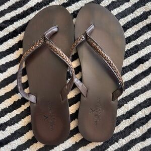 American Eagle Outfitters Dark Brown Braided Leather Flip Flops size 9
